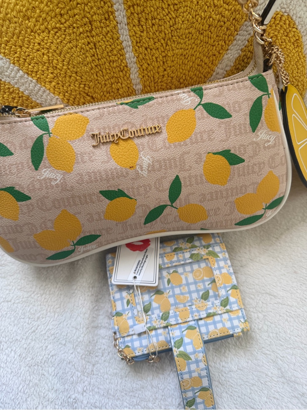 Juicy Couture Lemon Print Shoulder Bag - Beige & Yellow and wallet.